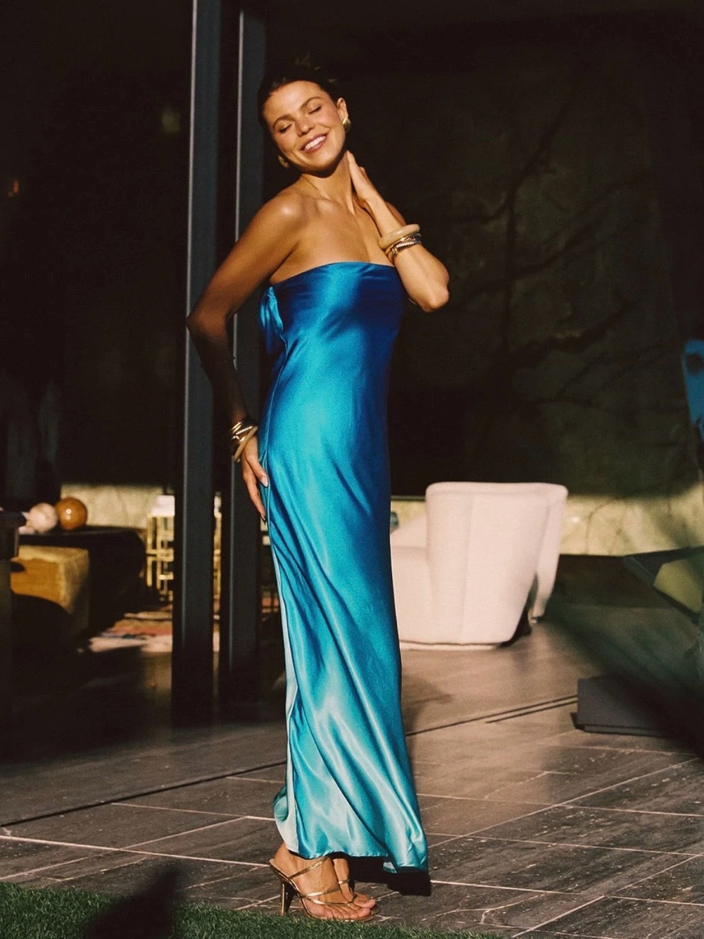 12th Tribe Natalia Strapless Satin Maxi Dress in Blue Ombre